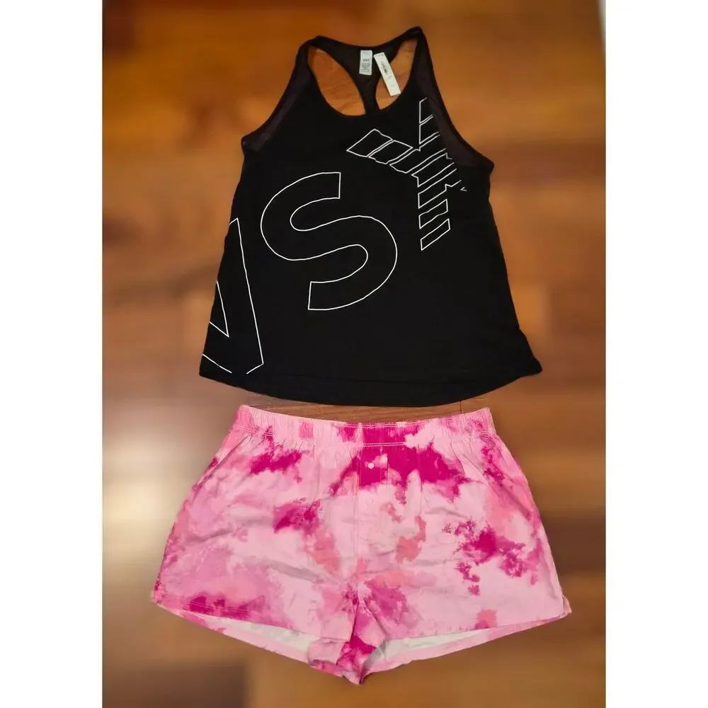 VSX Victoria Secret‎ Active Tank PINK Tie Dye Pajama Boxer Shorts Set L